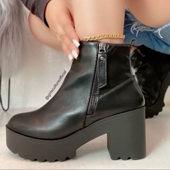 Shoes - Black Biker Motorcycle Platform Booties